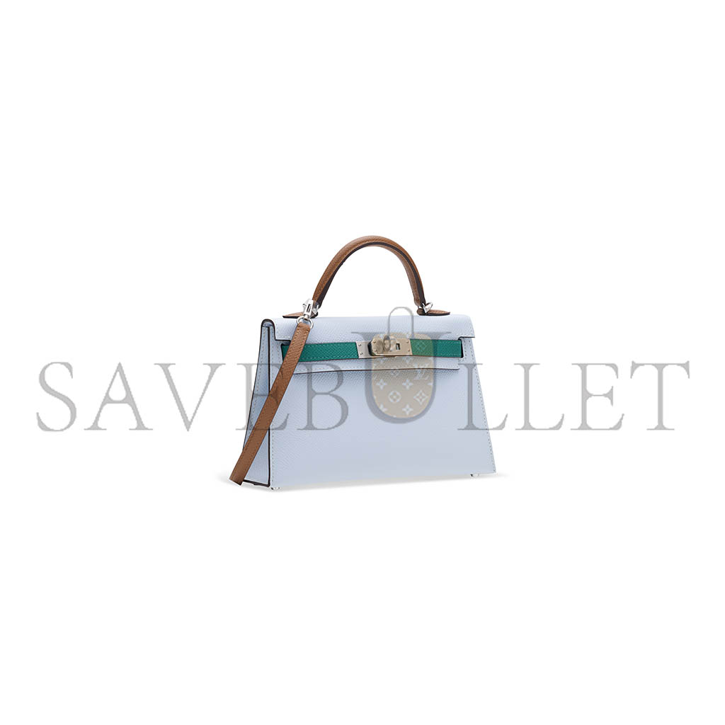 HERMÈS HAZE BLUE AND IMPERIAL GREEN AND SESAME EPSOM LEATHER TRICOLOR MINI KELLY 20 II WITH PALLADIUM HARDWARE (19*12*5.5cm) 